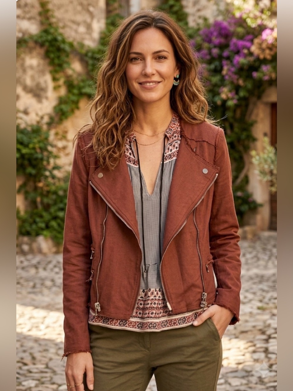 Veronica Beard Raw-Edge Moto Dickey Jacket in Rust Size 0